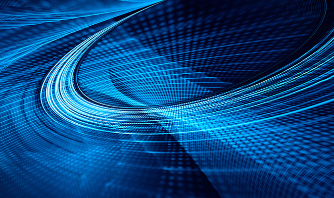 Trama astratta blu con curve dinamiche, concetto di innovazione